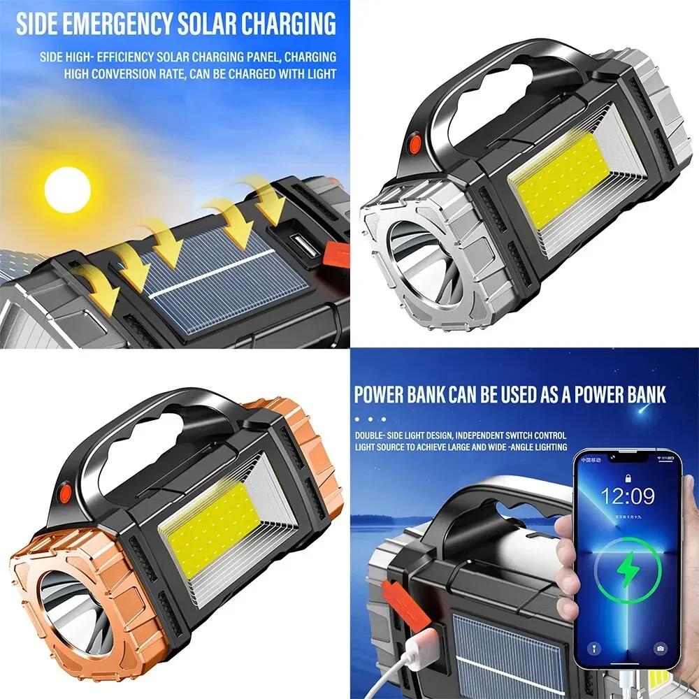 Portable Powerful USB Rechargeable Flashlights Solar LED Light With COB Work Light 4 Gear Charge Mobile Phone Camping Lamps