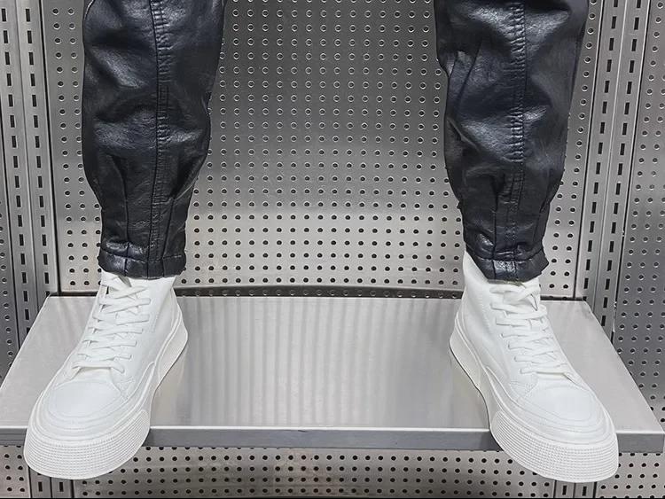 Pánské PU kožené větruodolné teplé kalhoty s velurovou podšívkou - podzimní a zimní styl