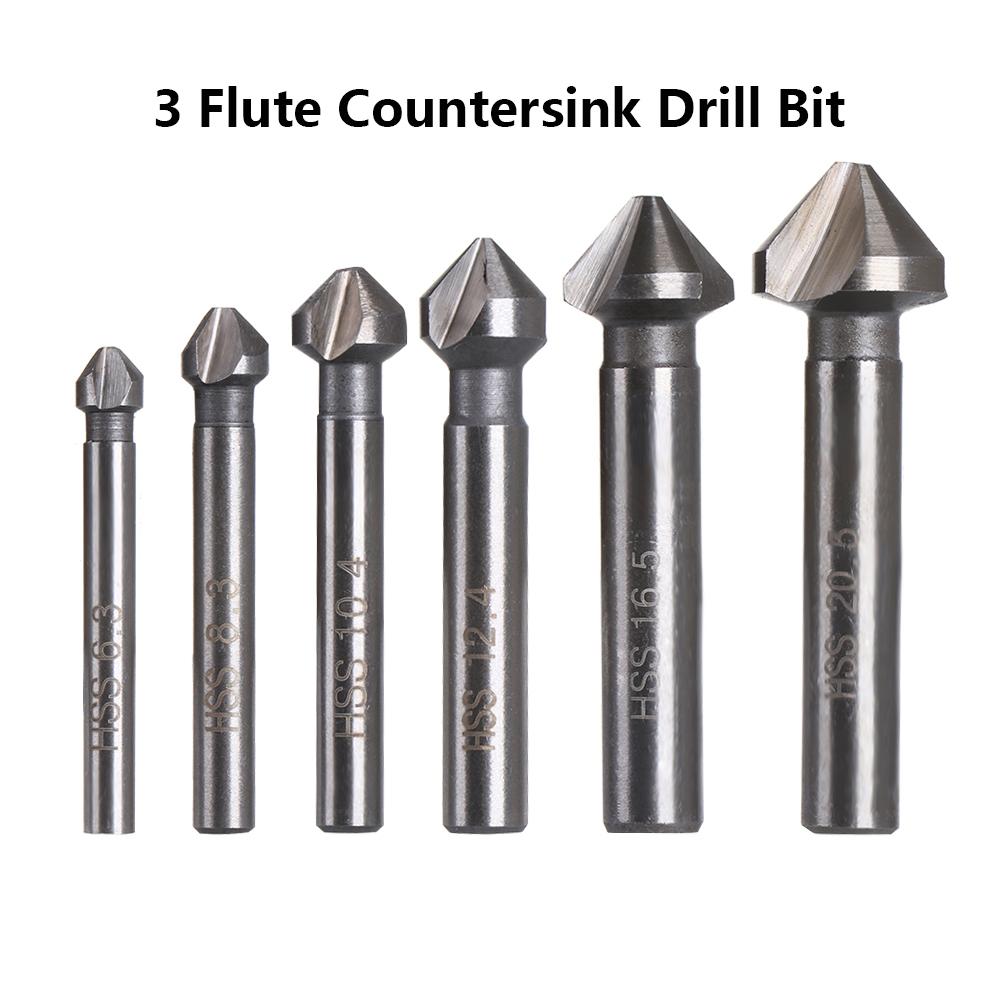 1 Pcs 3 Flute Countersink Drill Bit Round Handle 90 Degree HSS Wood Steel Chamfer Cutter Tool 6.3/8.3/10.4/12.4/16.5/20.5mm