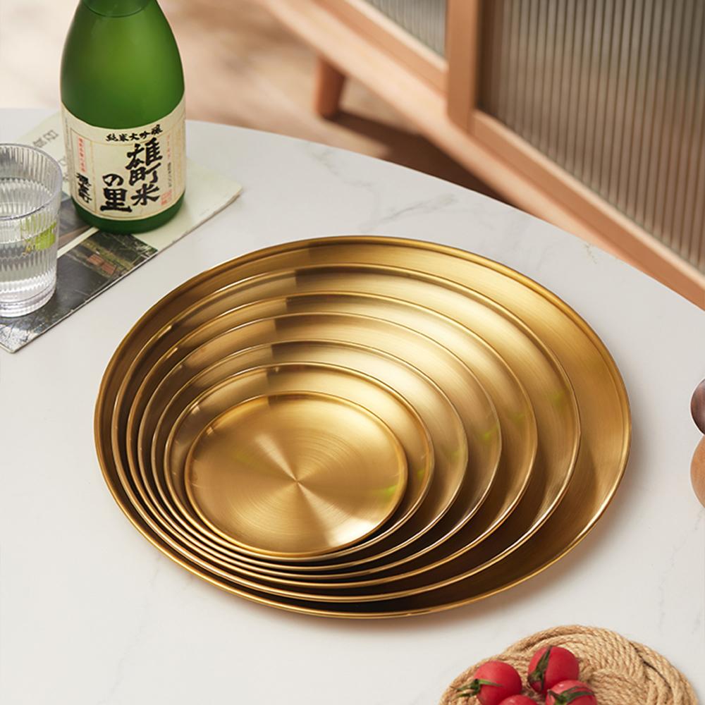Gold Stainless Steel Thickened Dinner Plates Round Coffee Tray Dessert Cake Snack Fruit Steak Dishes Korean Cutlery Metal Plate