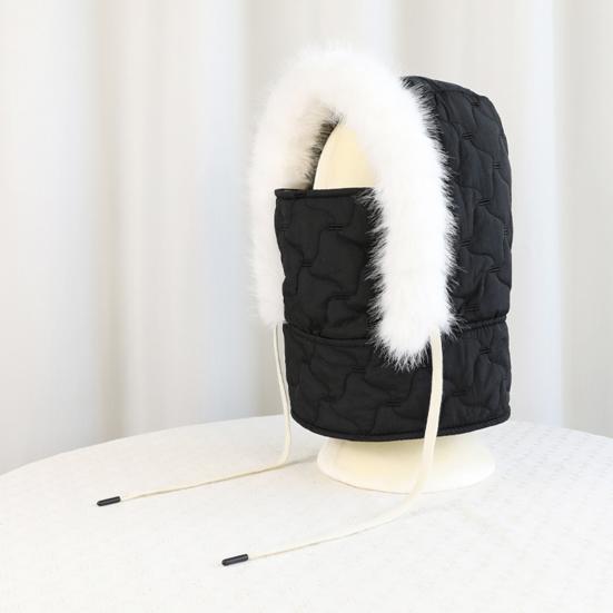 Lei Feng Hat with Soft Plush Inner Fluffy Fur Edge Winter Face Guard Head Cap Adjustable Drawstring Headgear