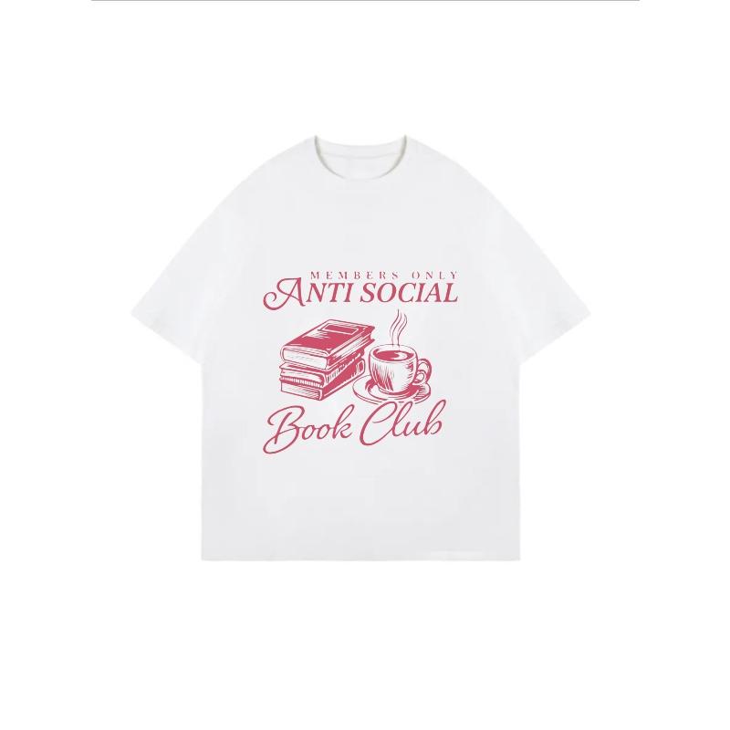 Oversized T-Shirt with Pink-Toned Book & Coffee Cup Print – "Anti Social Book Club" Literary Vintage Book Club Themed Top