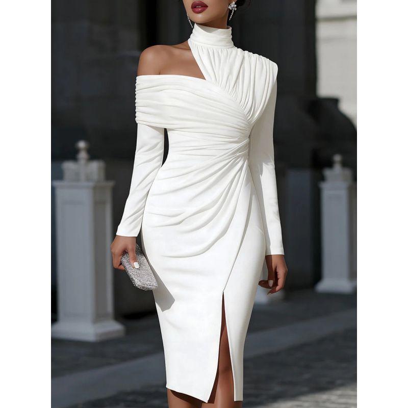 New Elegant Casual Knitted Cut-Out Dress White M