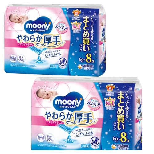 Moony Baby Wipes, Soft and Thick, Rich In Moisture, Cashmere Touch, Refill, 60 Wipes X 8 Packs, Bulk Purchase (2-Pack Set, Triple-Layer Finish, Thick)