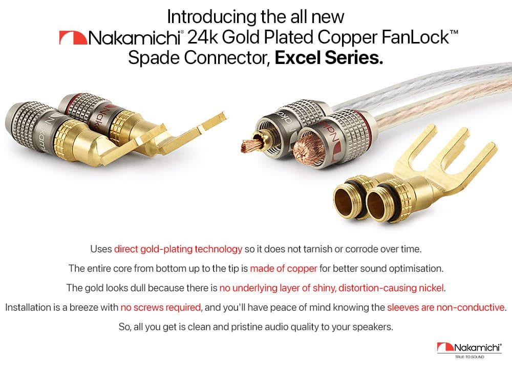 Nakamichi FanLock Excel 24k Gold Plated Spade Connector Banana Plug 10-18 AWG 4mm Hi-Fi Audio Speaker Amp 12pcs (6 Pairs)