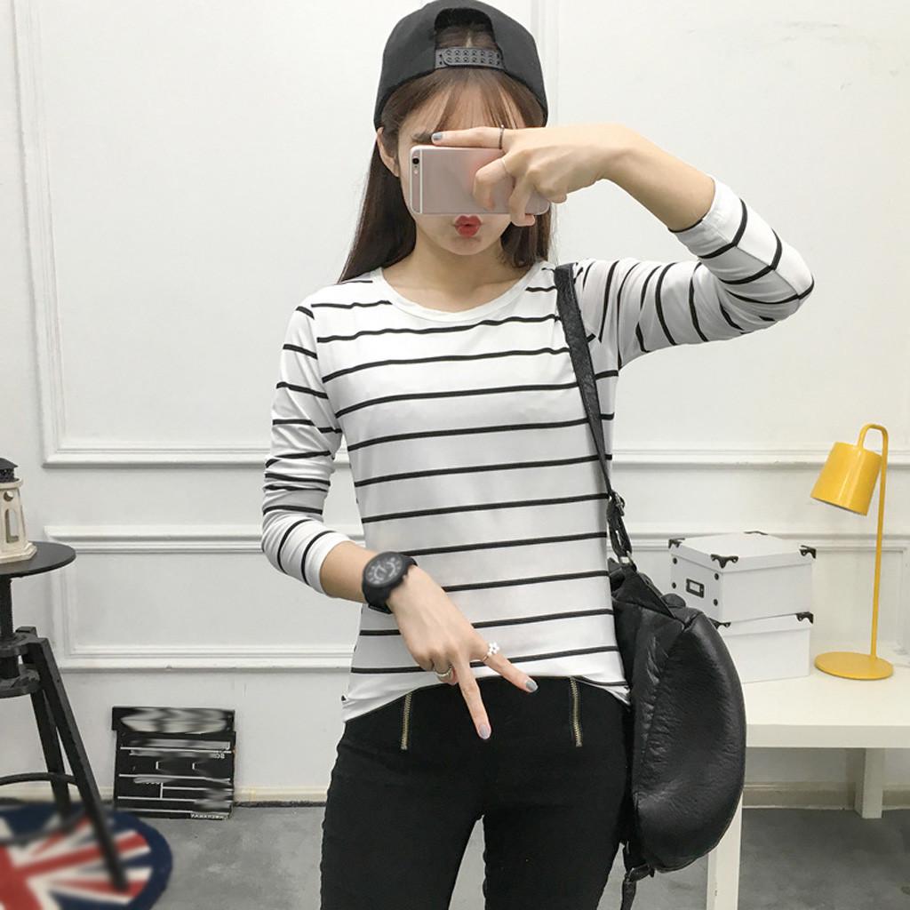 Women Korean Version Loose Stripe Long Sleeve  Bottoming Shirt Casual Tops