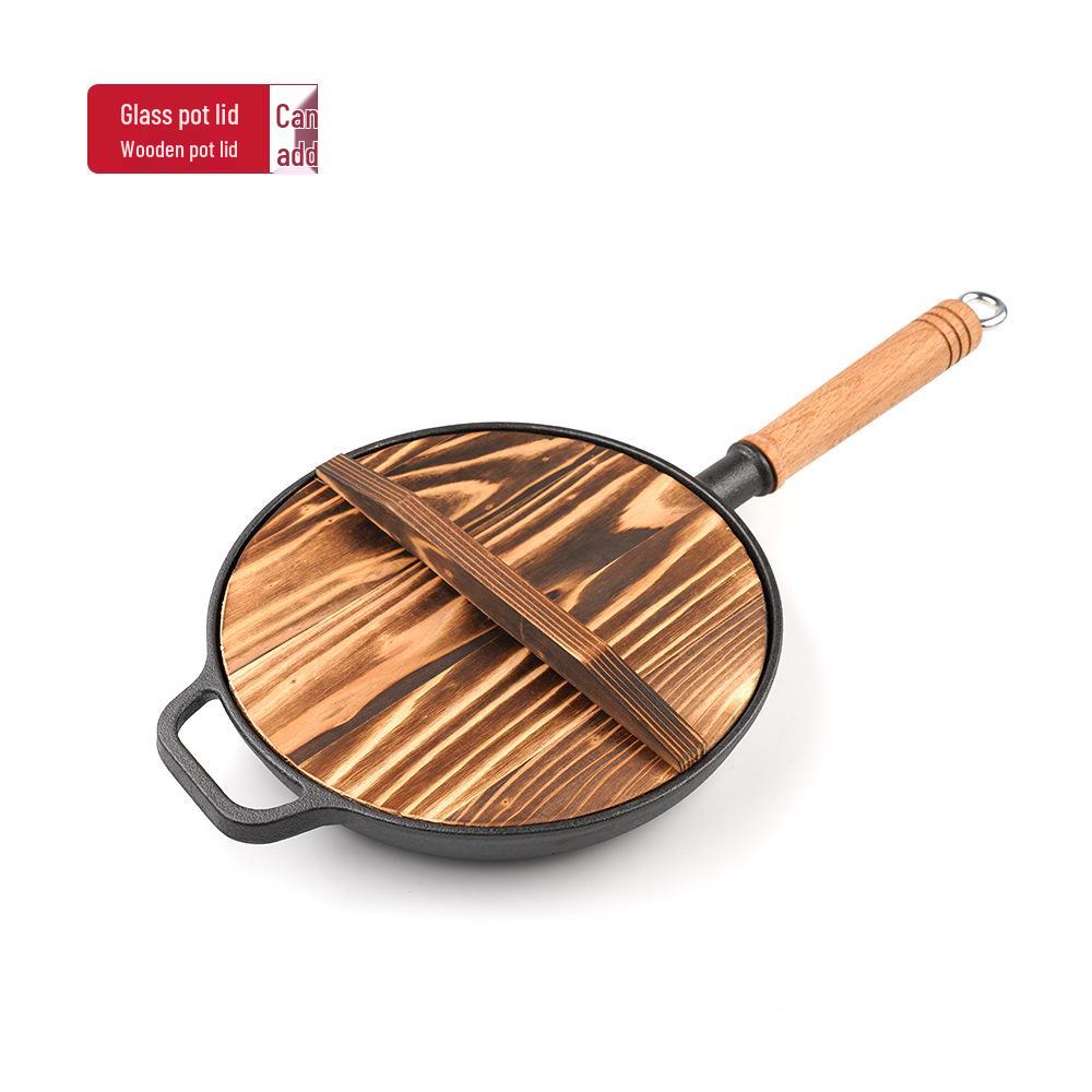 Non-Stick Cast Iron Wok with Wooden Handle - Thick Crepe, Egg, and Meat Frying Pan