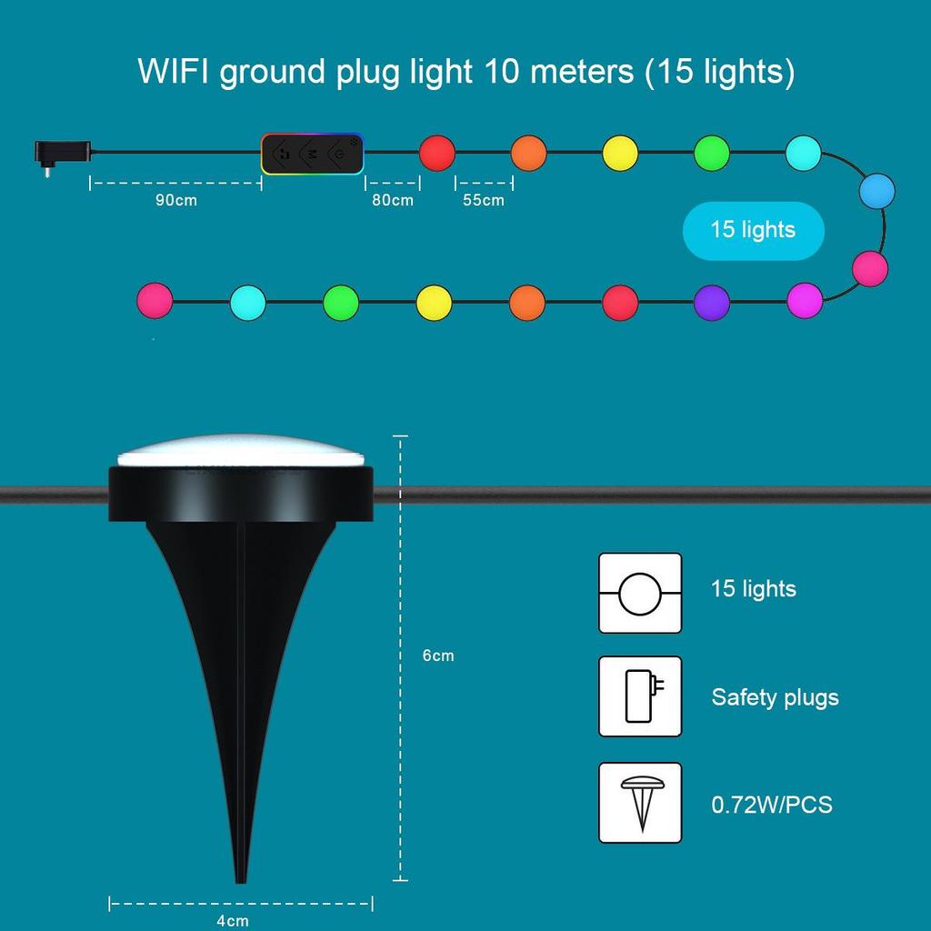 WiFi Smart LED Color-Changing Lawn and Music Light String with In-Ground Plug