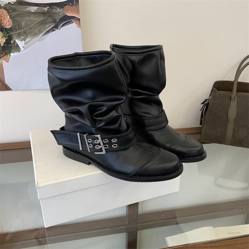 Western Cowboy Boots Women's New Summer Boots Vintage Maillard Belt Buckle Thick Heel Pleated Pile Short Boots