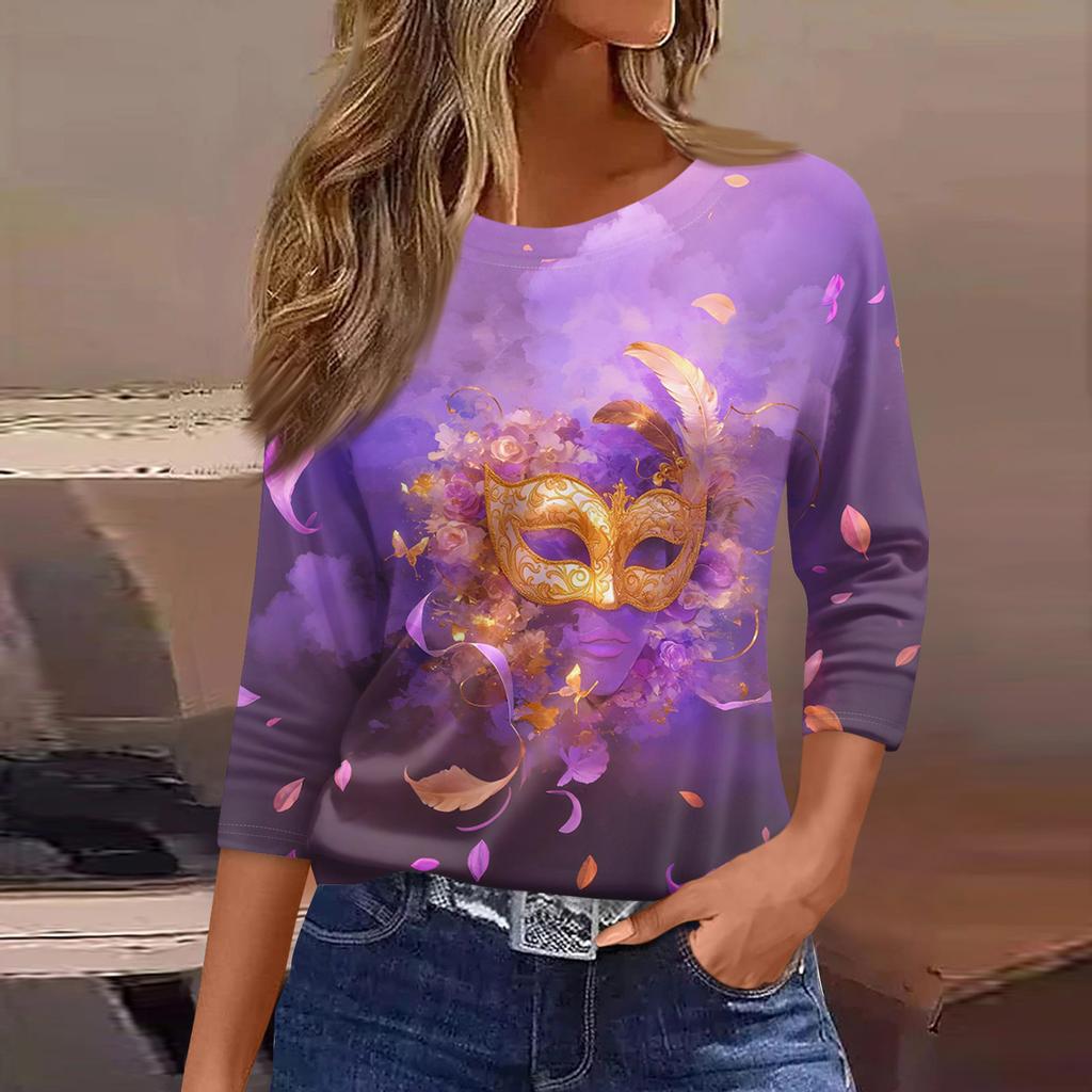 3/4 Length Sleeve Womens Tops Floral Print Vintage Fashion Casual Loose With Round Neck Plus Size Shirts