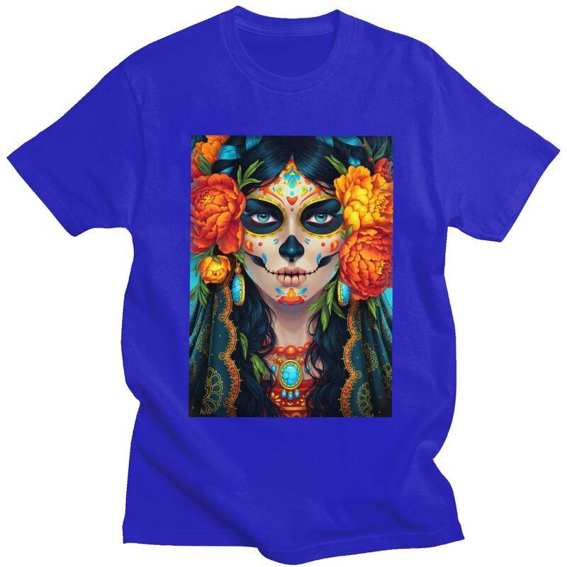 Individuelles Mexikanisches Catrina Zuckerschädel Dame T-Shirt für Herren Reines Baumwoll-T-Shirt Mode-Tee Kurzarm-T-Shirts Schlanke Passform