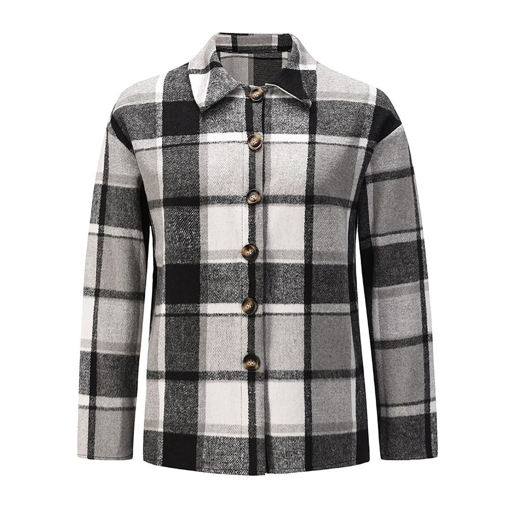 Fashion Women's  Casual Loose Grinding Wool Plush Plaid Long-sleeved Shirt Jacket