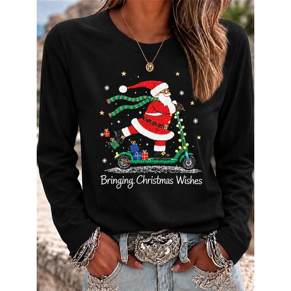 Women’s Autumn Long-Sleeve Christmas T-Shirt Crew-Neck Pullover with Holiday Letter Print Loose Fit Casual Street-Style Top