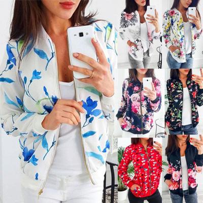 Retro Floral Printing Womens Zipper Up Jacket Casual Coat Outwear Tops