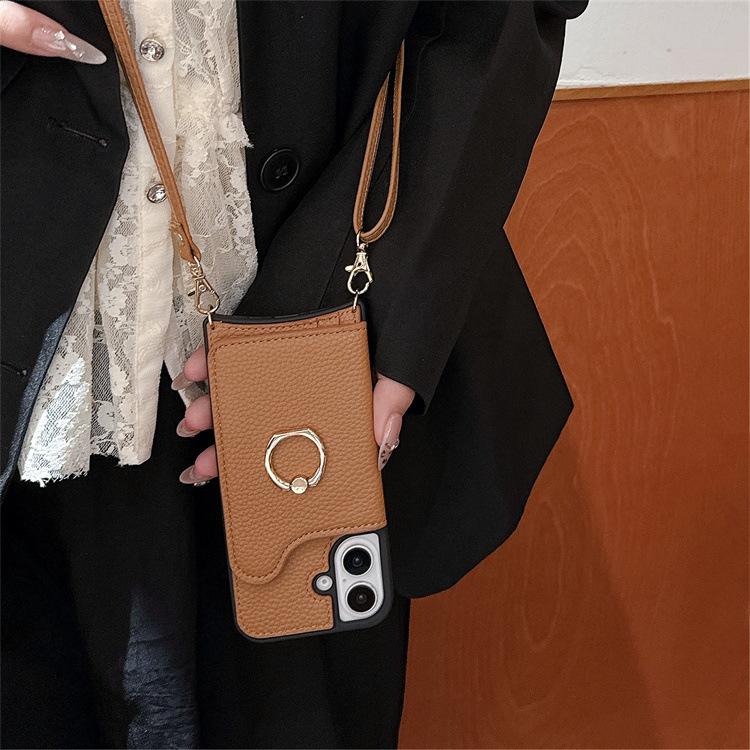 Applicable To Iphone16promax Crossbody Lychee Pattern 12pro Ring Fishtail Lanyard Card Function Protective Case