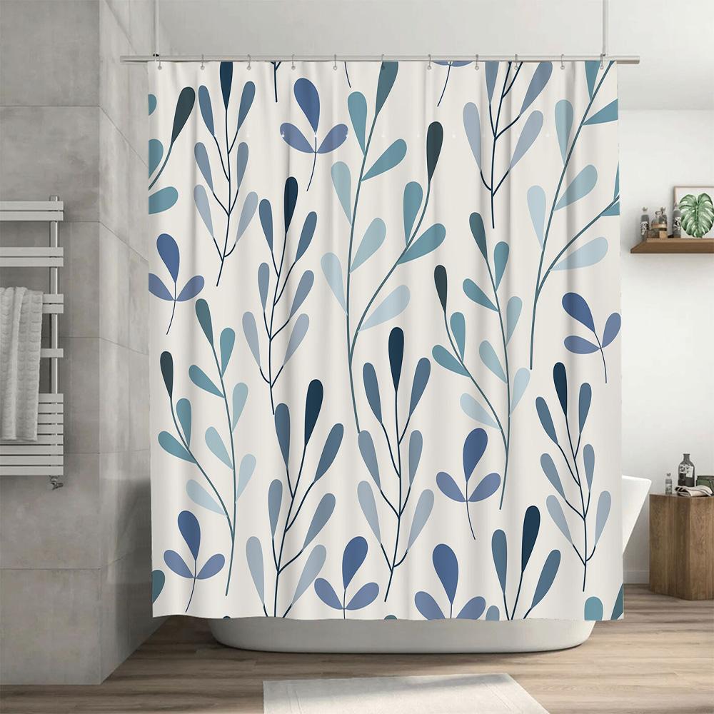 Blue Green Leaf Shower Curtain with Water Repellent Fabric for Bathroom Decor 72x84in Large Size Bath Linen Modern Style Waterpr