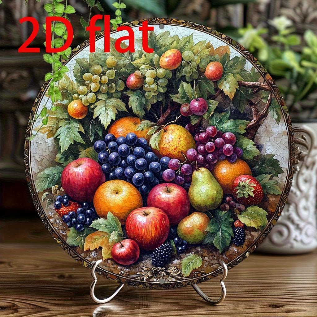 D Flat Натюрморт со смешанными фруктами Круглая жестяная табличка Винтажный стиль мозаики Корзина с фруктами Металлический настенный декор для кухни Столовой 20x20cm(8x8inch)