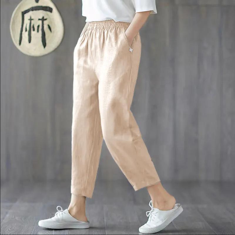 Spring Summer Casual Cotton Linen Pants Women Elastic Waist Solid Pockets Retro Loose Women's Harem Pants Trousers Bottoms
