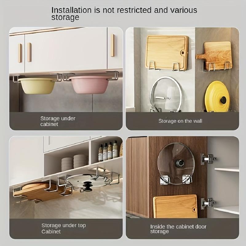 4pcs, Kitchen Storage Rack, No Punching Wall Mounted Pot Cover Rack, Cabinet Cutting Board Rack, Multifunctional Storage Rack