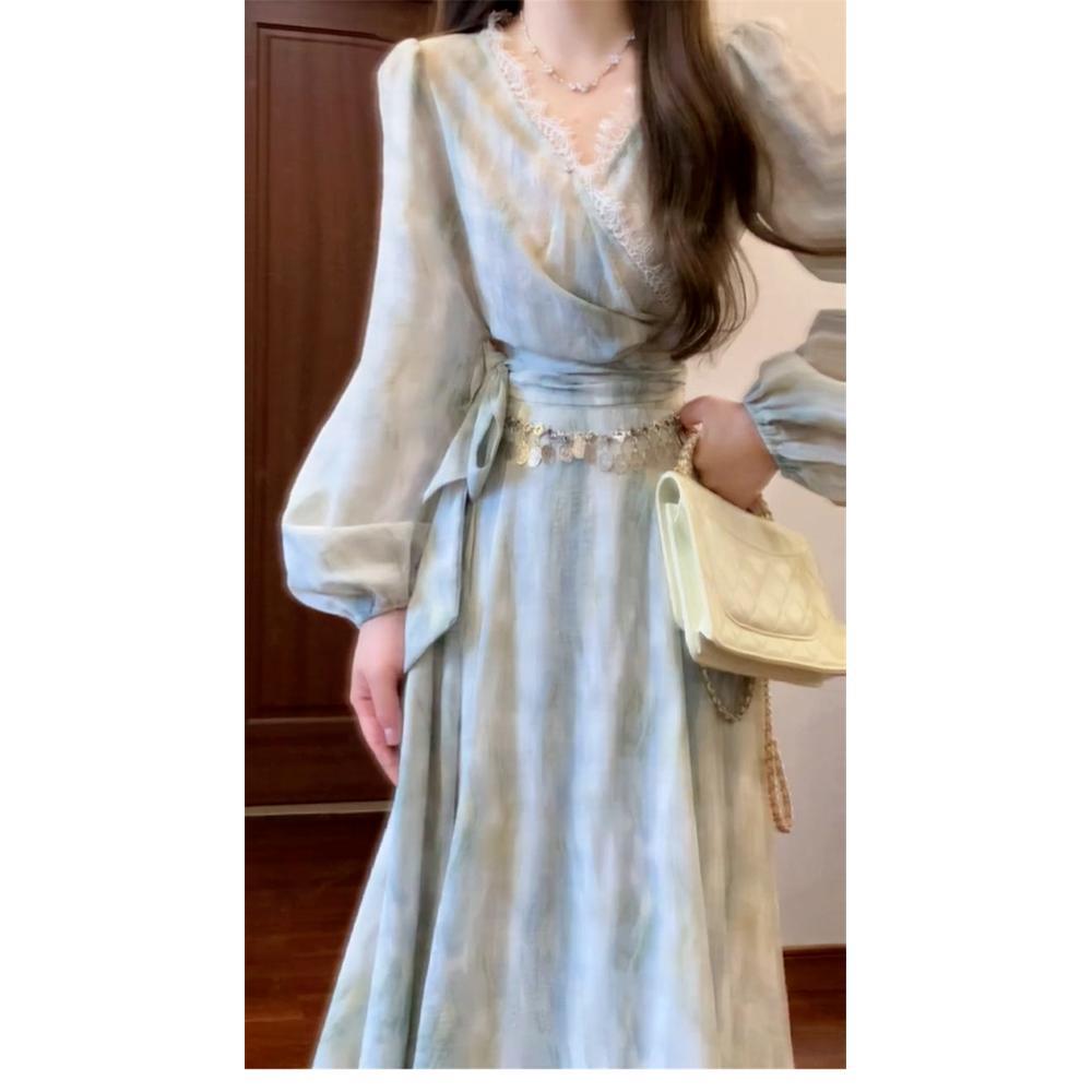 

Кружевное платье с зелеными длинными рукавами, элегантный детский костюм для весны, длинное платье XL- (recommended 110-60kg)