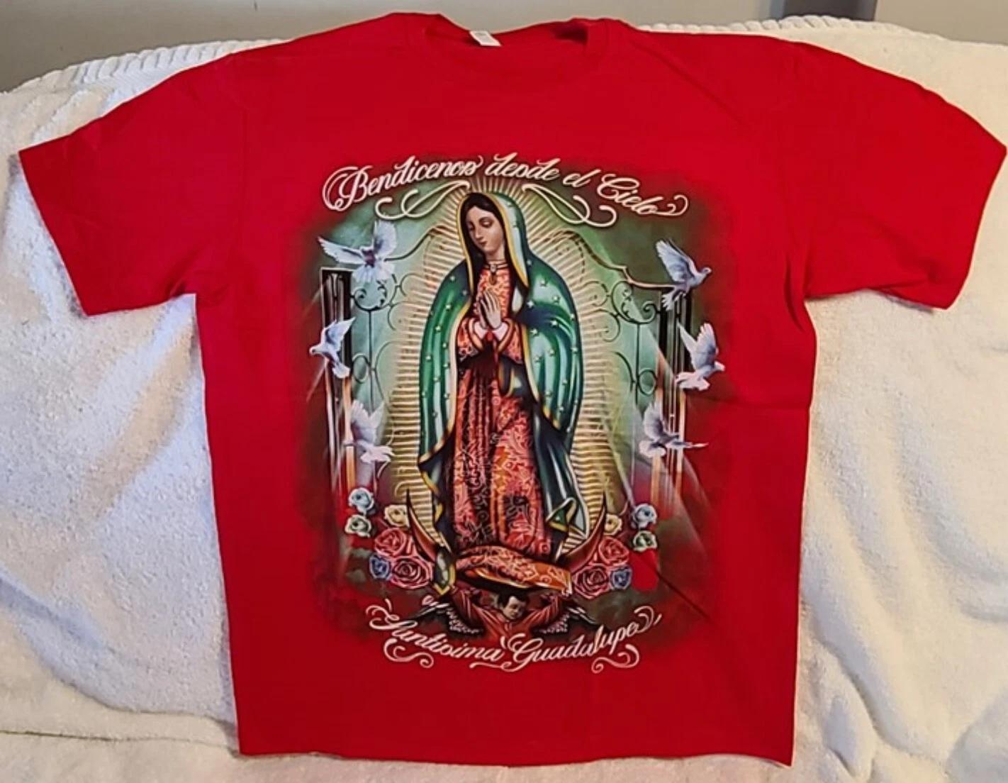VIRGIN MARY BLESS US FROM HEAVEN HOLY GUADALUPE ROSE DOVE PRAY RED T-shirt S