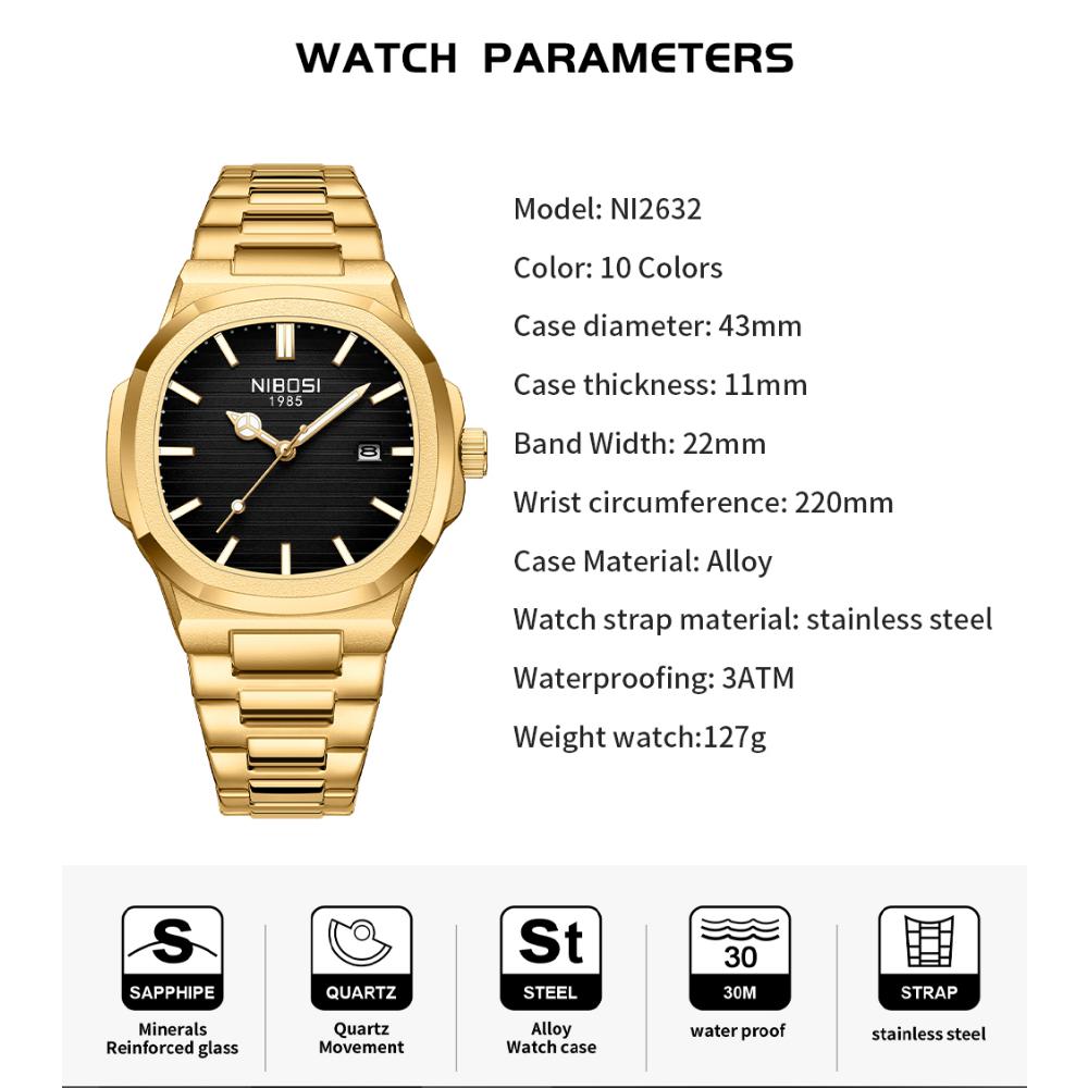 NIBOSI Luxury Man Wristwatch Waterproof Luminous Chronograph Watch for Men Stainless Steel Men's Quartz Watches