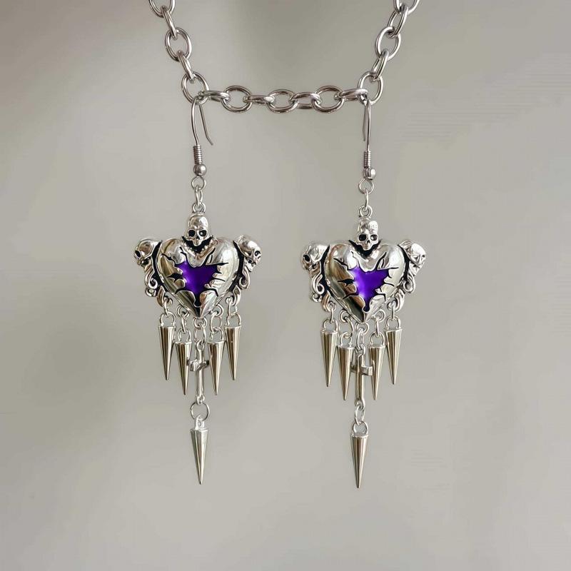 Abi Feng Gothic Punk Red Heart Skull Earrings with Rivets and Thorns