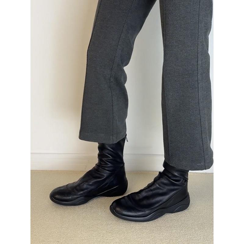 Cowhide Version~ Leather Round Head Thick Sole Retro Black Short Boots Women's Autumn and Winter Down Boots Elastic Thin Boots Martin Boots