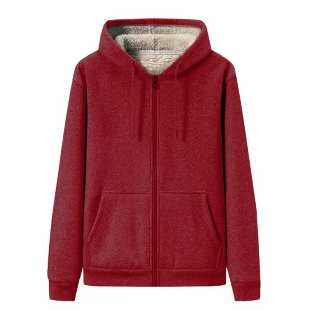 Men's Hooded Lambswool Jacket, Plus Velvet Thick, Casual Pure Color, Autumn/Winter Style with Zipper