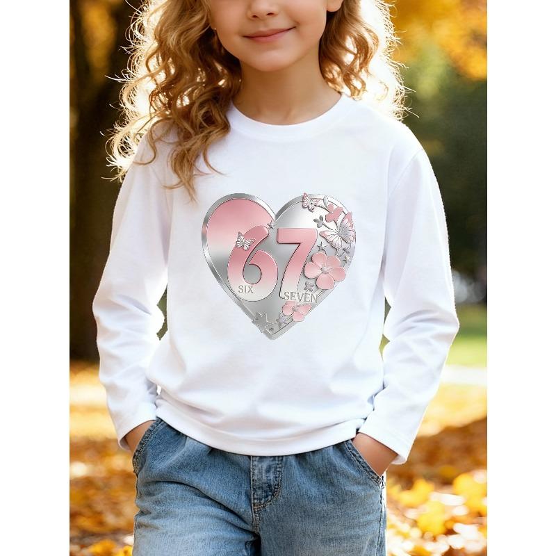 Kids Unisex Crewneck Sweatshirt, 3D Metal Pink Heart Butterfly Floral 67 SIX SEVEN Print Long Sleeve Pullover, Soft Sweatshirts for Boys Girls Ages 4+