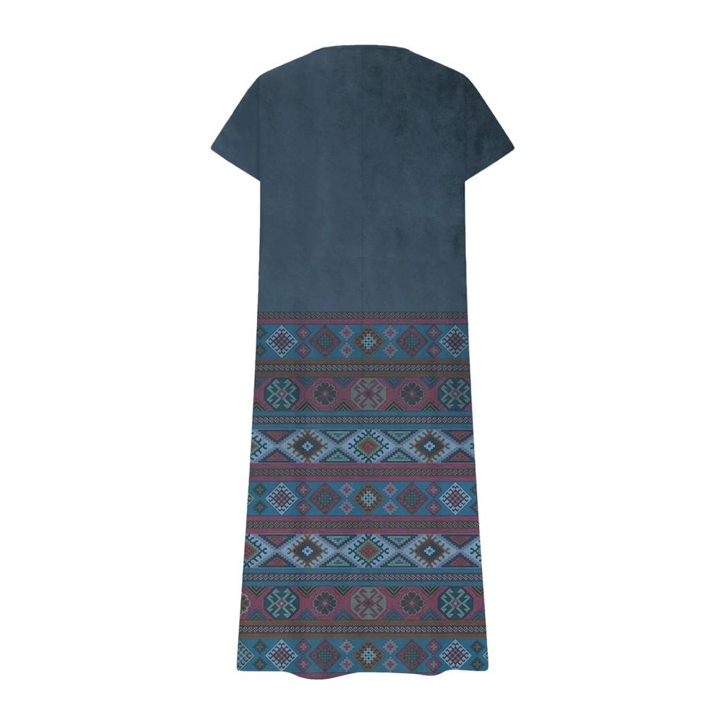 Fashion Women's Summer V-neck Short Sleeve Cotton And Linen Vintage Floral Print Beach Dress