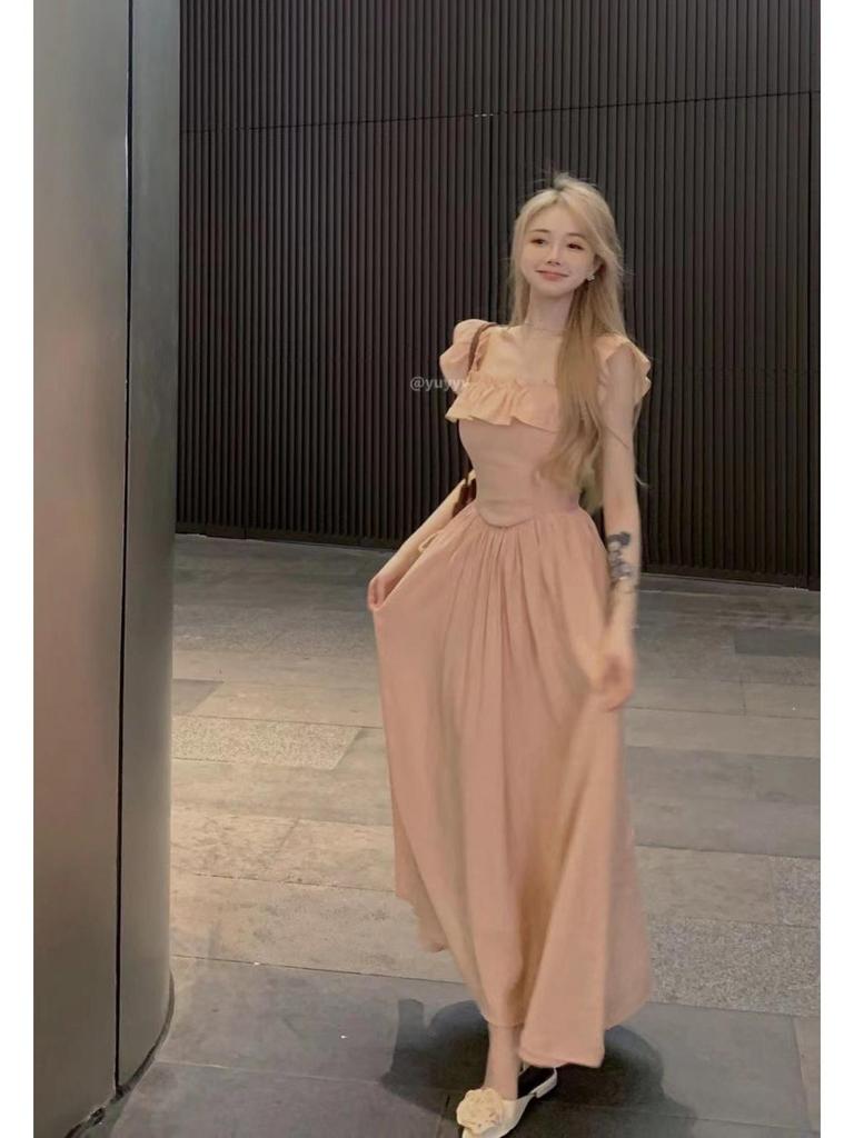 Lined Flutter Sleeve Ruffle Dress - Square Neck, Fitted Waist, Long French Style for Women, Perfect for Summer Elegance