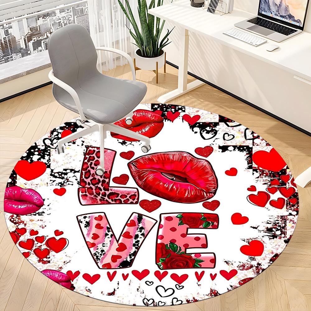 1pc Love Heart Print Carpet for Office Non-Slip, Round Carpet, Soft & Comfortable, Carpet for Office, Lightweight Round Floor Mat