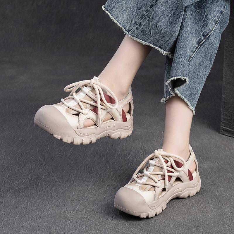 4CM Women Sandals Weave Genuine Leather Moccasins Fashion Summer Natural Platform Falts Chunky Sneakers Slip on Hollow Shoes