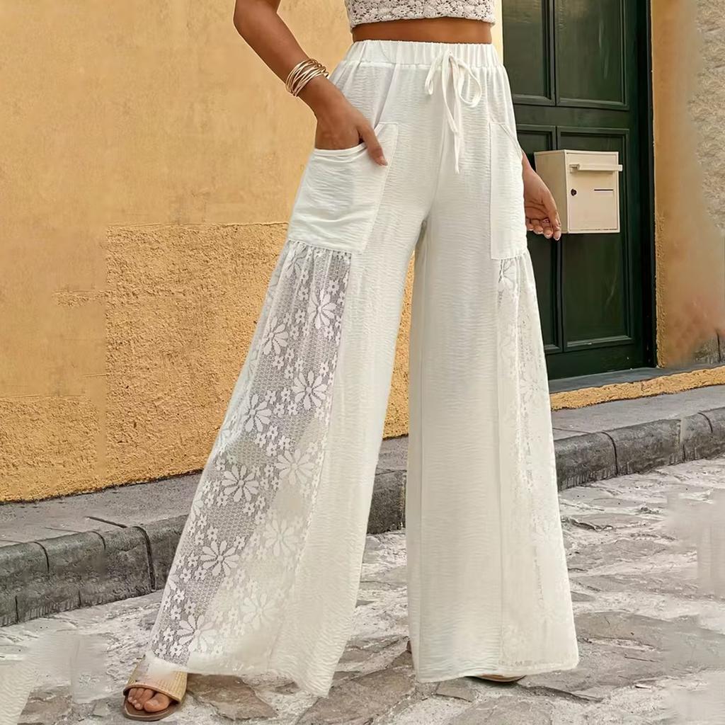 Ladies' Casual Wide Leg Pants With Lace Patchwork Pants