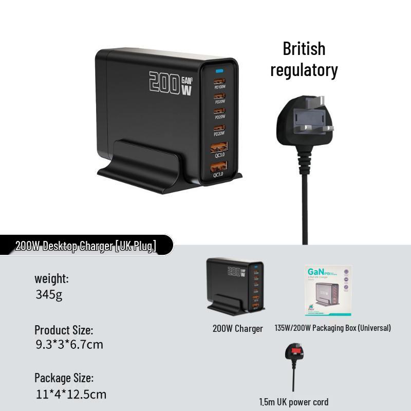 200W GaN Multi-Port PD Fast Charger with Smart Temperature Control