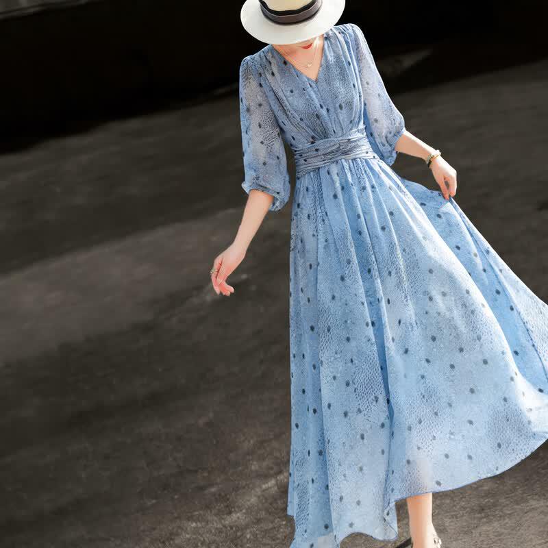 French Elegant Printed V-Neck A-Line Dress XL