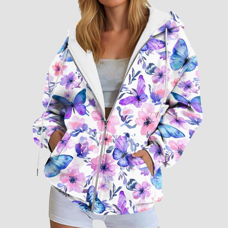 Damen Kapuzenpullover mit Schmetterlings-Grafik Herbst Reißverschluss Langarm Lockere Jacken Mäntel Streetwear Harajuku Lässige Kapuzenpullover