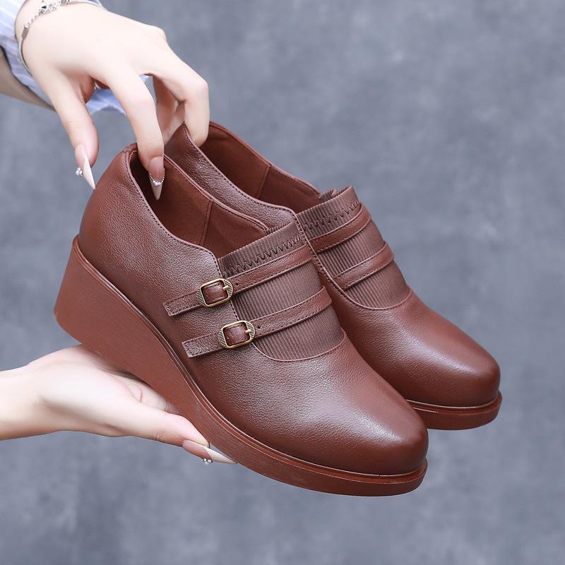 Fashion GKTINOO 2025 Wedges Women Shoe Spring Autumn Slip-On High Heels Round Toe Genuine Leather Casual Ladies Platform Shoes Woman