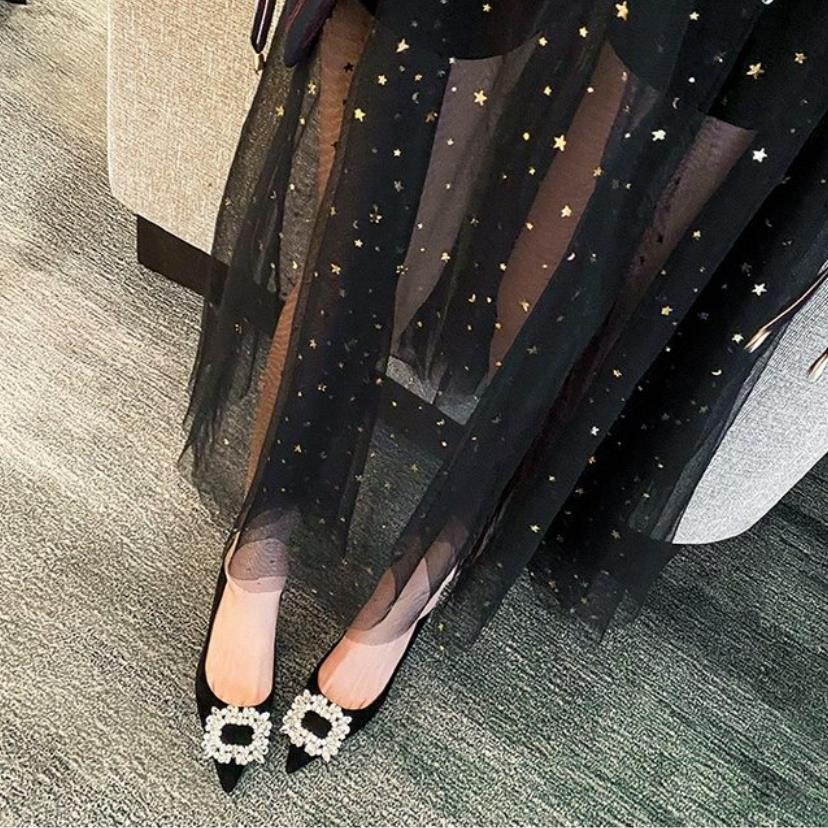 Mode Nya Kvinnor Högklackade Pumps Svart Fyrkantigt Spänne Spetsiga Tunnklackade Baotou Bankett Högklackade Skor Tacones Mujer Festskor