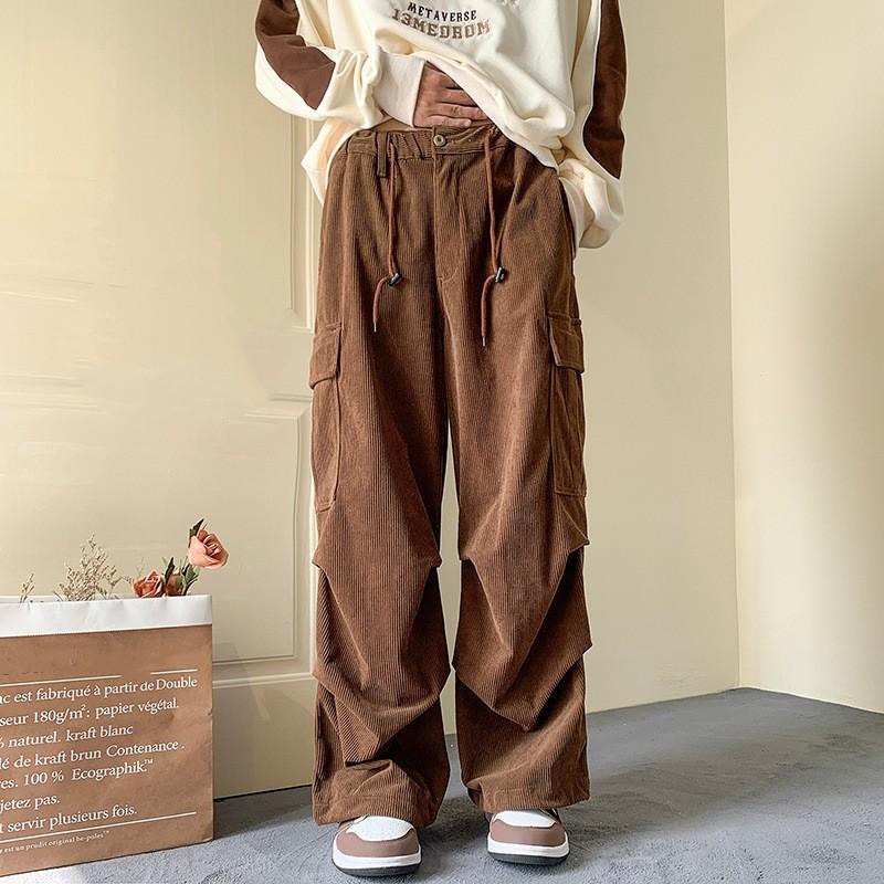 Men's Autumn and Winter Retro Large Pocket Ankle Tied Work Pants with Drawstring Loose Casual Corduroy Pants
