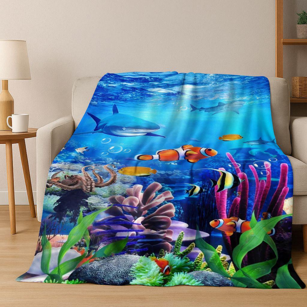 2026 New Underwater World Sea Dolphin Turtle Coral Art Flannel Blanket,Cozy Soft Throw Blanket for Home Bedroom Bed Sofa Kids