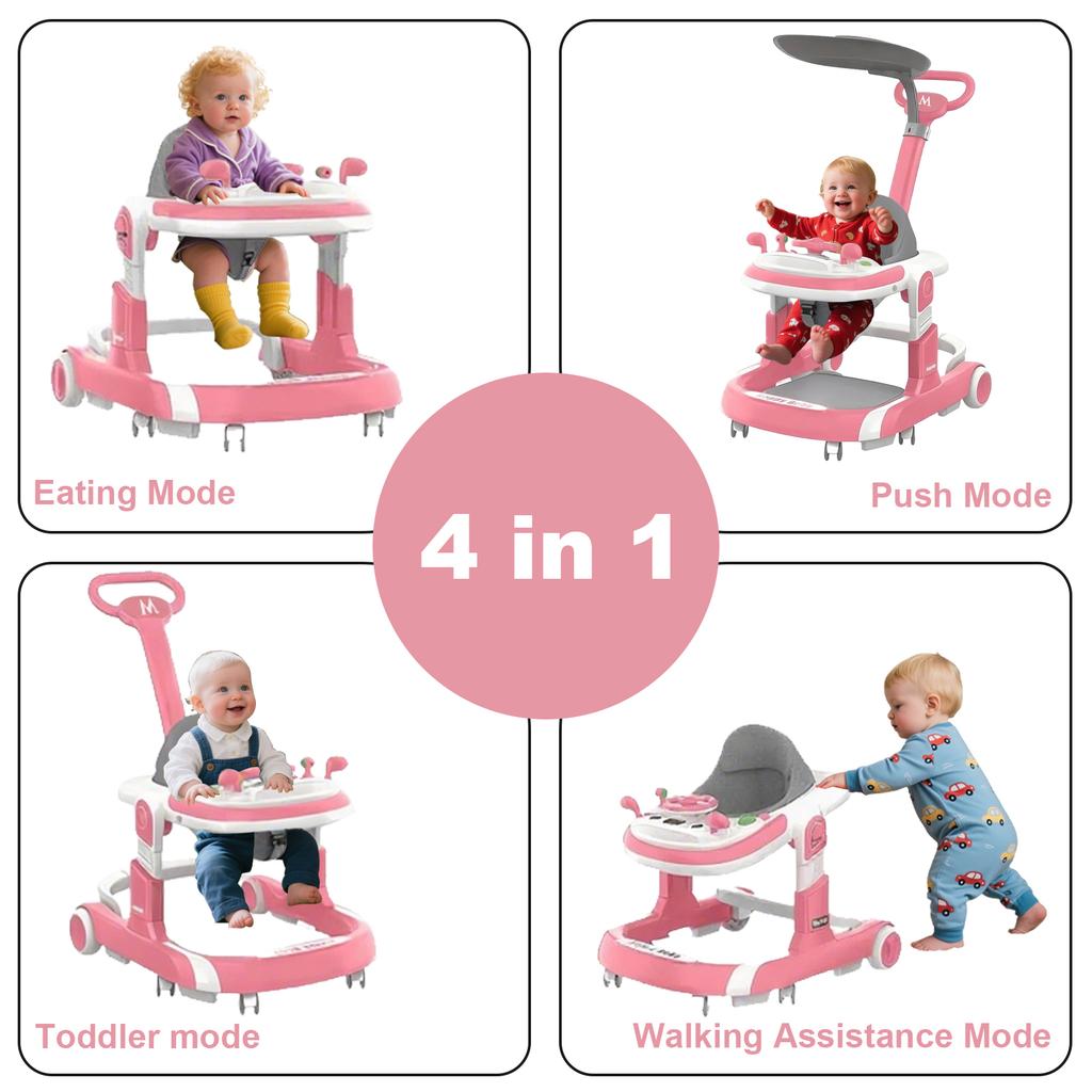 New 4 In 1 Baby Infant Walker Toddler Baby Push Walker Removable Feeding Tray And Music Tray Foldable Walker Child Handcart