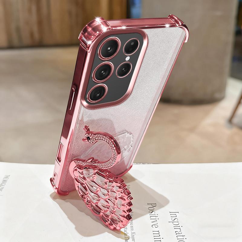 KEYSION Shockproof Plating TPU Phone Case for Samsung S24 S25 Ultra S25+ Glitter Jewelled Swan kickstand Cover for Galaxy S24 S25 FE 5G