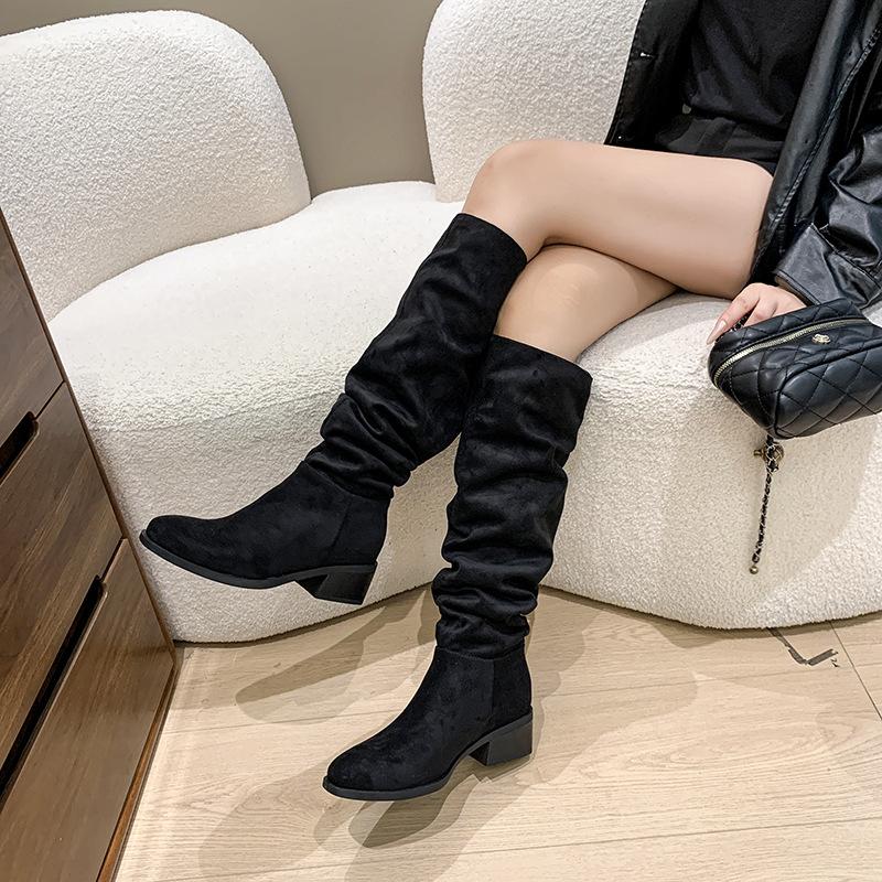 Stiefel aus Veloursleder Damen Ritterstiefel Retro Wildleder Dicke Ferse Quadratische Spitze 2025 neue geraffte kniehohe Stiefel Kinder