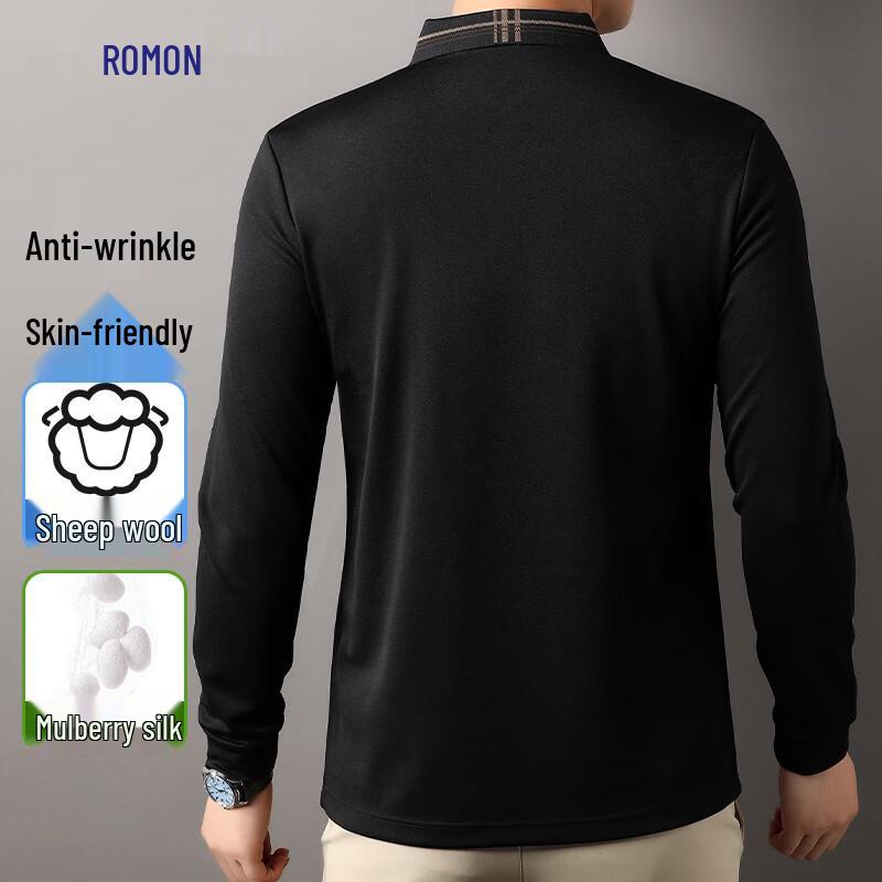 Romon Men's Anti-Wrinkle Silk & Wool Blend Long Sleeve Polo Shirt