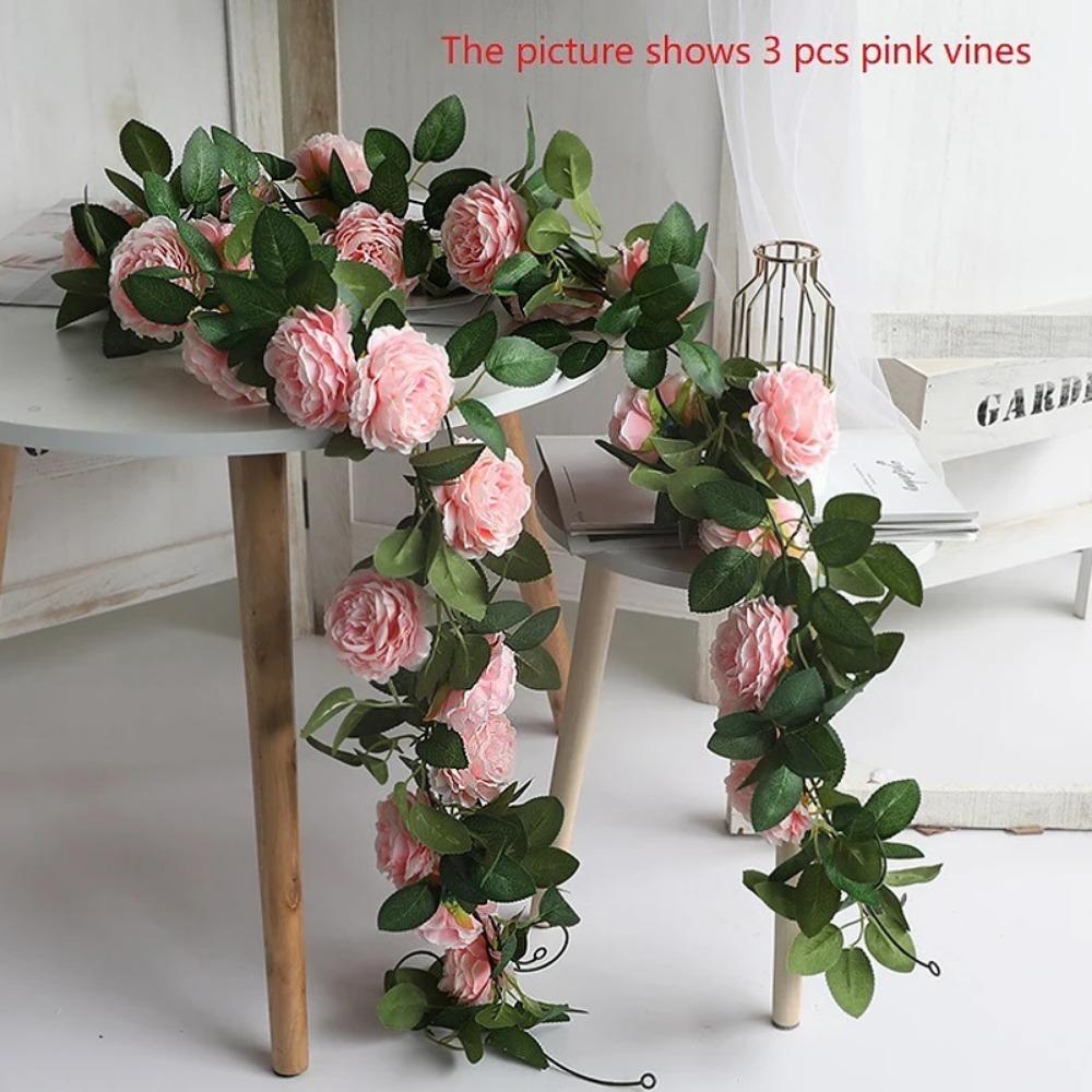 Artificial Pink Silk Peony Big Flowers Vines Ivy Rattan Wedding Party Wall Hanging Garland Home Garden Decoration Green Plants