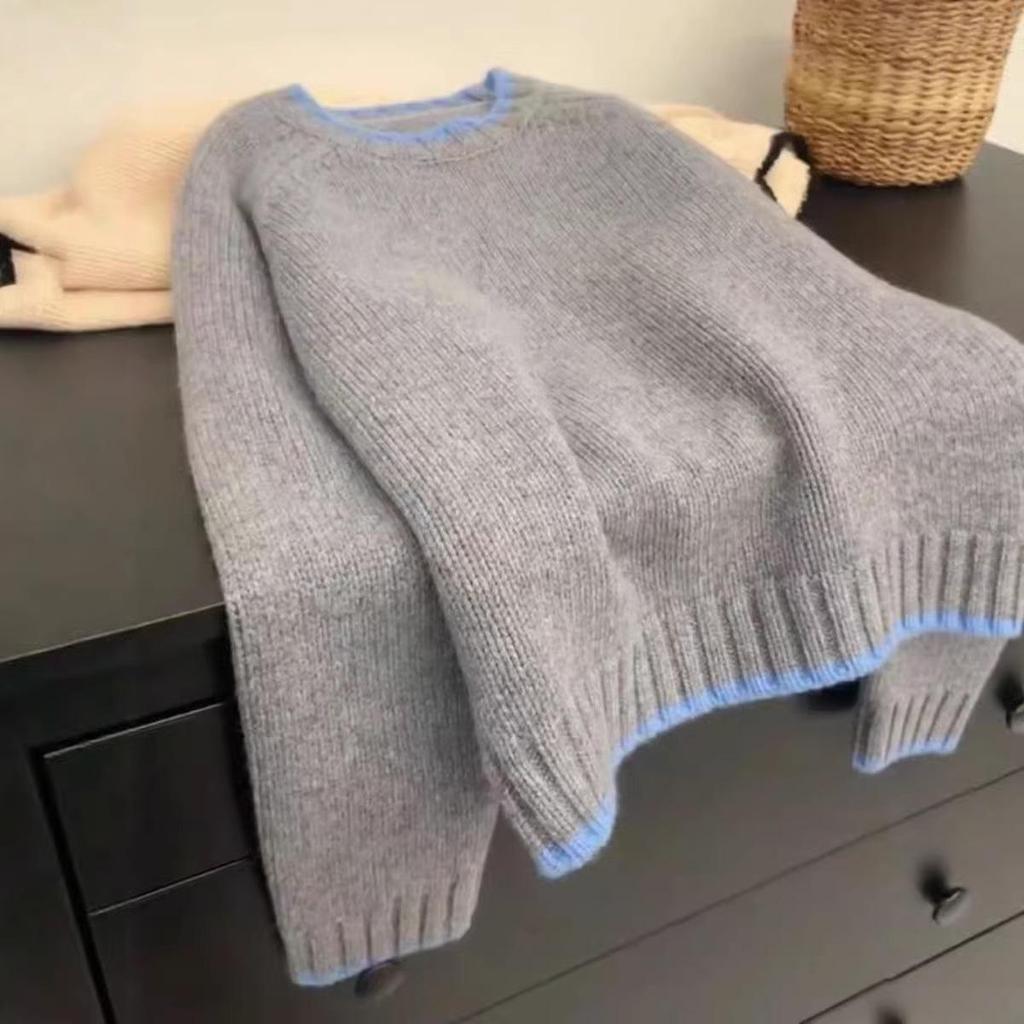 Women's Color Block Wool Sweater - Thick, Soft, Loose Fit, Fall/Winter 2025, Round Neck Knit