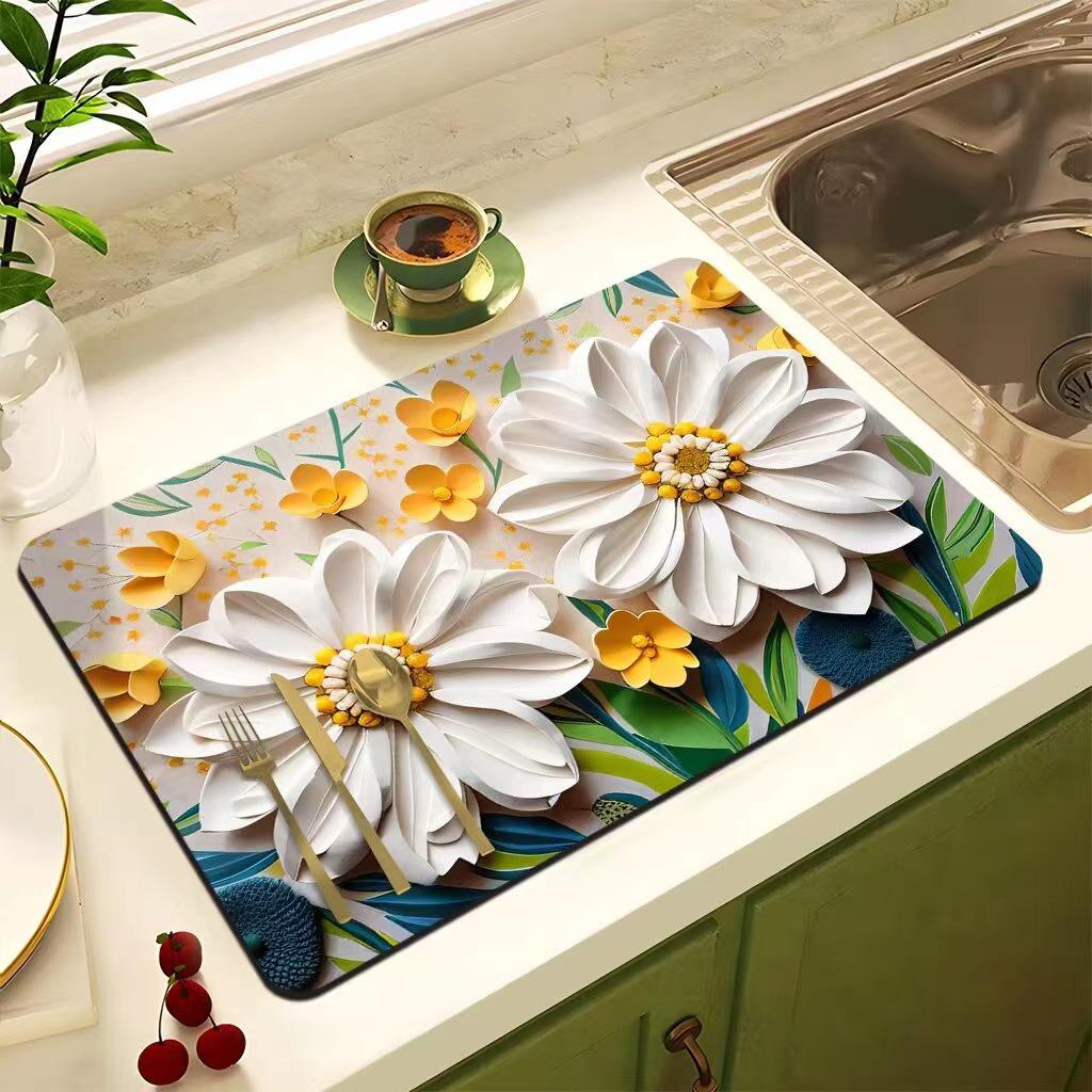 Oil Painting Style Floral Water-Absorbent, Stain-Resistant Kitchen Mat – Heat Insulation, Wear-Resistant, Easy-Clean Draining Mat