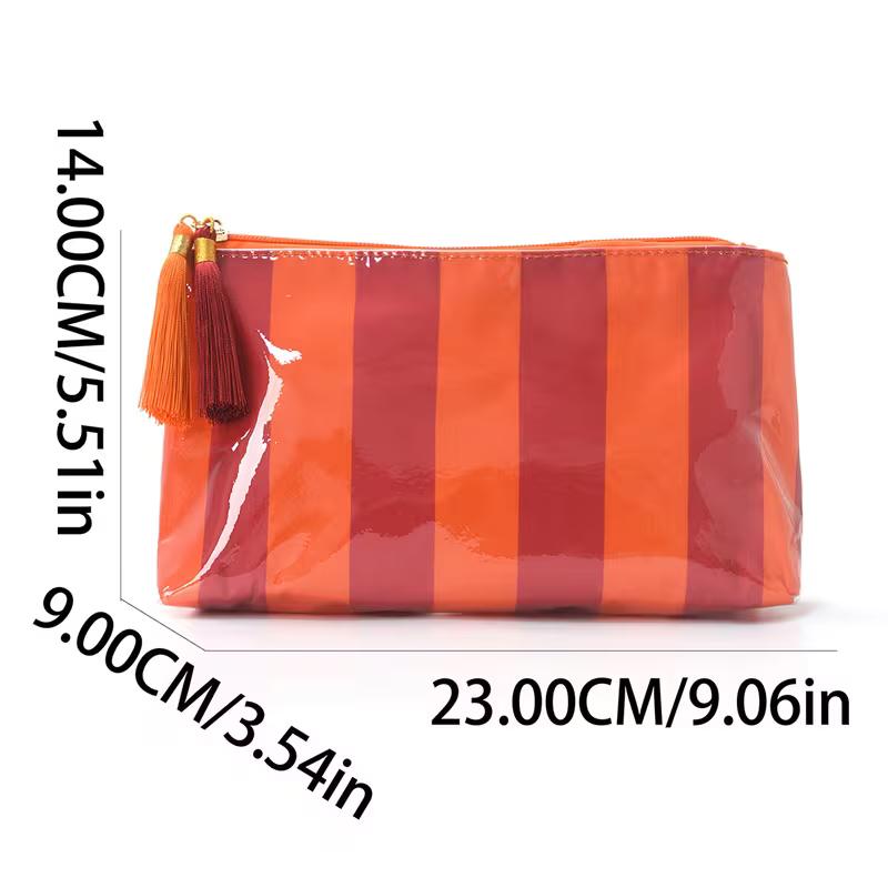 PVC Striped Makeup Bag with Tassel Zipper Waterproof,Large-Capacity,Portable Cosmetic Organizer &Toiletry Bag for Outdoor Travel